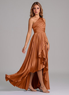 Azazie Lyrica Bridesmaid Dresses Copper A-Line One Shoulder Stretch Satin Dress image2