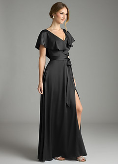 Azazie Lainey Bridesmaid Dresses Black A-Line with Pockets Stretch Satin Dress image5