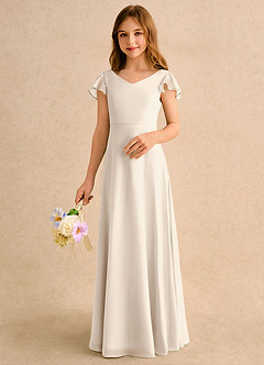 Azazie Nari Girls Formal Flower Girl Dresses White Alabaster A-Line with Sleeves Chiffon Dress image4