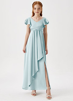 Azazie Omari Junior Sea Glass A-Line Pleated Stretch Satin Dress image4