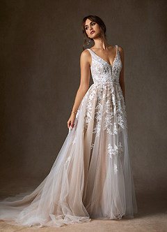 Azazie Sorella Hochzeitskleider A-Linie V-Hals Pailletten Tüll Kleid Diamantweiß Nude image4