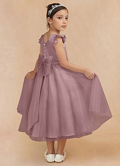 Azazie Hemi Robe Demoiselle D'honneur Fillette Robe Trapèze en Tulle Arc Rose Poussiéreuse image4