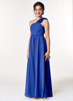 Azazie Flower Junior Abito A-Line in Chiffon Plissettato Blu Reale image4