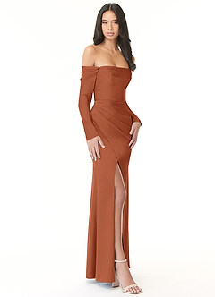 Azazie Hallie Bridesmaid Dresses Cedar Rose Sheath Off-The-Shoulder Long Sleeve Stretch Satin Convertible Dress image5