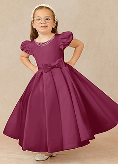 Azazie Jewel Flower Girl Dresses Mulberry Ball-Gown Pleated Matte Satin Dress image1