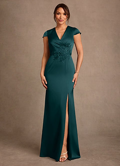 Azazie Rilda 신부의 어머니 드레스 쉬스 레이스 스트레치 새틴 플로어 길이 드레스 image1