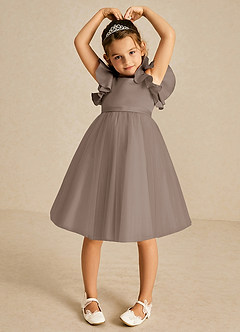 Azazie Kaeya Flower Girl Dresses Taupe A-Line Bow Tulle Dress image3