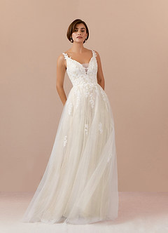 Azazie Jolene Wedding Dresses A-Line Lace Tulle Cathedral Train Dress image4