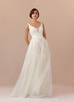 Azazie Jolene Wedding Dresses Diamond White Champagne A-Line Lace Tulle Dress image4