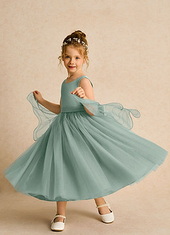 Azazie Pear Flower Girl Dresses Silver Sage Ball-Gown Bow Tulle Dress image2