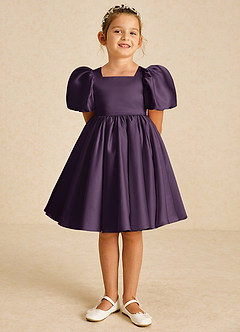 Azazie Muffin Flower Girl Dresses Plum A-Line with Sleeves Matte Satin Dress image2