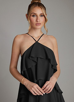 Azazie Deena Bridesmaid Dresses Black A-Line Ruched Chiffon Dress image3
