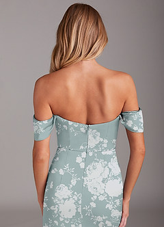 Azazie Saige Bridesmaid Dresses Powder Blue Floral Sheath Off the Shoulder Stretch Satin Dress image9