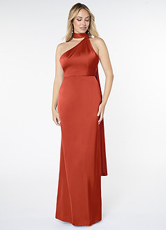 Azazie Kaylani Bridesmaid Dresses Rust Mermaid High Neck Stretch Satin Dress image1