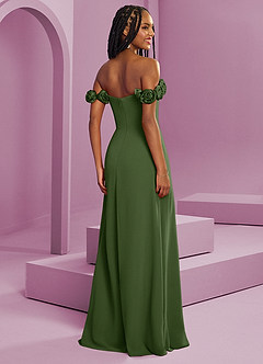 Barbie ♥ Azazie Suknie dla druhen Rozkloszowana szyfonowa sukienka z odkrytymi ramionami i kwiatowymi rozetkami image9