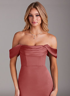 Azazie Saige 신부 들러리 드레스 인어 오프 더 숄더 스트레치 새틴 발목 길이 드레스 image5