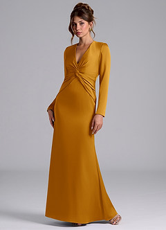 Azazie Valerie Bridesmaid Dresses Butterscotch Mermaid Long Sleeve Stretch Satin Dress image3