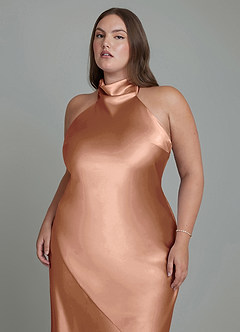 Azazie Velli Bridesmaid Dresses Bronzer Sheath High Neck Metallic Satin Dress image3