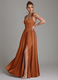 Azazie Francis Robes de demoiselle d'honneur Robe Trapèze en Satin extensible Corset Cuivre image5