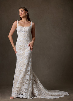 Azazie Amara Hochzeitskleider Meerjungfrau-Linie Rechteckiger Ausschnitt Spitze Kleid Diamantweiß Champagner image5