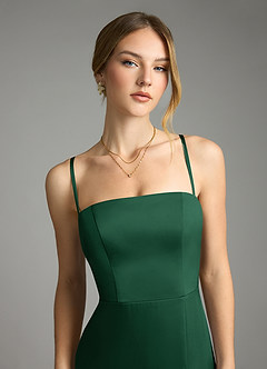 Azazie Wren Vestidos de damas de honor Vestido de Verde Oscuro de Satén Elástico de Corte en A Convertible con Sin tirantes image3
