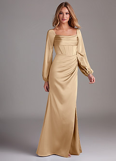 Azazie Charissa Bridesmaid Dresses Champagne Sheath Long Sleeve Stretch Satin Dress image6