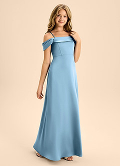 Azazie Anselie Junior Steel Blue A-Line Off the Shoulder Stretch Satin Dress image5
