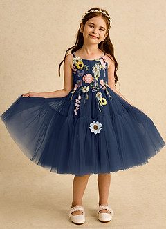 Azazie Osea Flower Girl Dresses Dark Navy Ball-Gown Pleated Tulle Dress image8