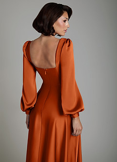 Azazie Solana Vestidos de damas de honor Vestido Naranja Quemada de Satén Elástico de Línea A con Manga larga image4