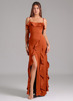 Azazie Malia Robes de demoiselle d'honneur Robe Trapèze en Satin extensible Fente Latérale Orange Brûlée image3