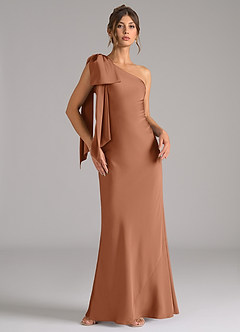 Azazie Capri Robes de demoiselle d'honneur Robe Sirène en Satin extensible Ue épaule Bronze image1