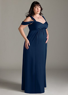 Azazie Rhea vestidos de dama de honor de maternidad Vestido de Acampanado Off The Shoulder Plisado Largo hasta el piso Stretch Satin image10