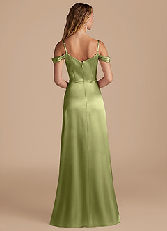 Azazie Ocean Bridesmaid Dresses Pistachio A-Line Off the Shoulder Metallic Satin Dress image2