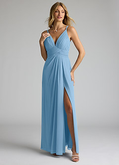 Azazie Maren Allure Bridesmaid Dresses Steel Blue A-Line V-Neck Lace Chiffon Dress image1