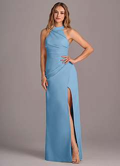 Azazie Jemma Bridesmaid Dresses Steel Blue Sheath Pleated Chiffon Dress image4