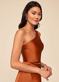 Azazie Maron Bridesmaid Dresses Burnt Orange A-Line One Shoulder Stretch Satin Dress image9