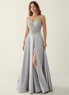 Zuri Grey Satin Wrap Beaing Corset A-line Prom Dress image6