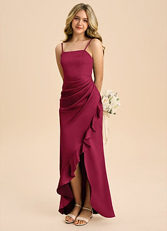 Azazie Buzzy Junior Burgundy Sheath Pleated Stretch Satin Dress image1