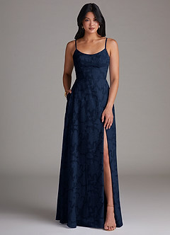 Azazie Moira Bridesmaid Dresses Dark Navy A-Line Side Slit Floral Burnout Dress image1