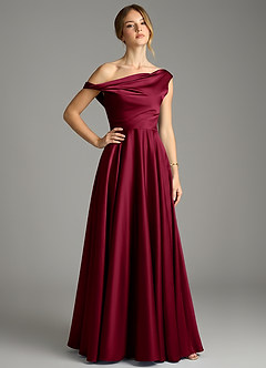 Azazie Xanthe Vestidos de madrinha de casamento Vestido Borgonha de Cetim elástico de Linha A com Ombros Caídos image1