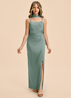Azazie Calandra Junior Silver Sage Sheath Pleated Stretch Satin Dress image5