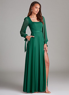 Azazie Leonia Bridesmaid Dresses Emerald A-Line Long Sleeve Mesh Dress image3