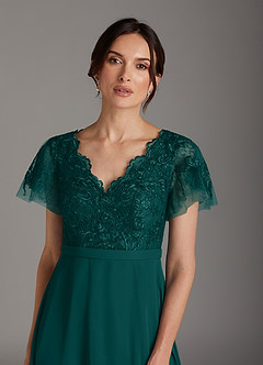 Azazie Singer Mother of the Bride Dresses Peacock A-Line V-Neck Lace Chiffon Dress image6