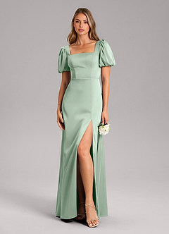 Azazie Fyona Bridesmaid Dresses Agave A-Line Pleated Stretch Satin Dress image3
