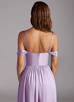 Azazie Calianna At-home Try On Dresses Dusty Blue A-Line Off the Shoulder Stretch Satin Convertible Dress image5