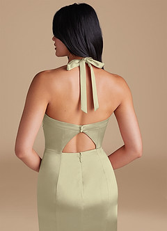 Azazie Emeria Bridesmaid Dresses Moss Green Sheath Side Slit Metallic Satin Dress image4