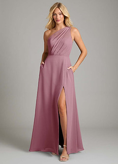 Azazie Phaedra Vestidos de damas de honor Vestido de Malva Vintage de Gasa de Corte en A con Hombro unilateral image3