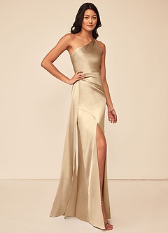 Azazie Maron Bridesmaid Dresses Champagne A-Line One Shoulder Stretch Satin Dress image3