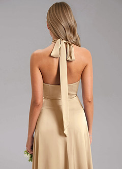 Azazie Tracie Bridesmaid Dresses Champagne A-Line Side Slit Stretch Satin Dress image7
