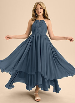 Azazie Elliora Junior Abito A-Line in Chiffon Plissettato Blu Nettuno image5